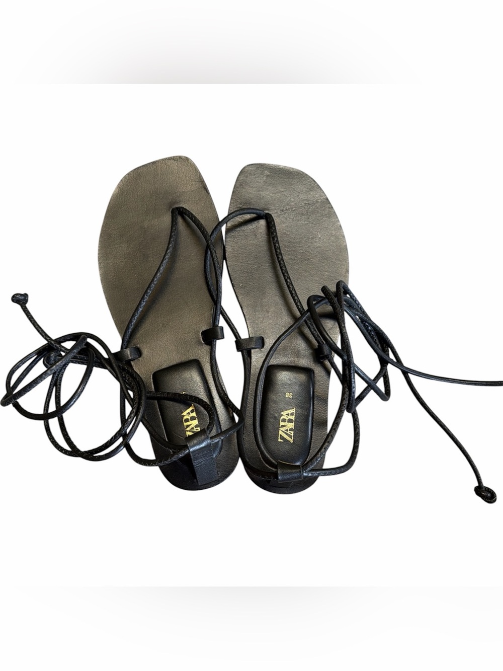 Zara Black Lace-Up Leather Flat Sandals size EU38 or US 7.5